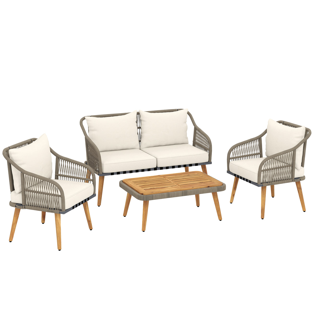 Outsunny 4 Piece Rattan Garden Furniture Set with Loveseat in Cream White