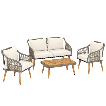 Outsunny 4 Piece Rattan Garden Furniture Set with Loveseat in Cream White