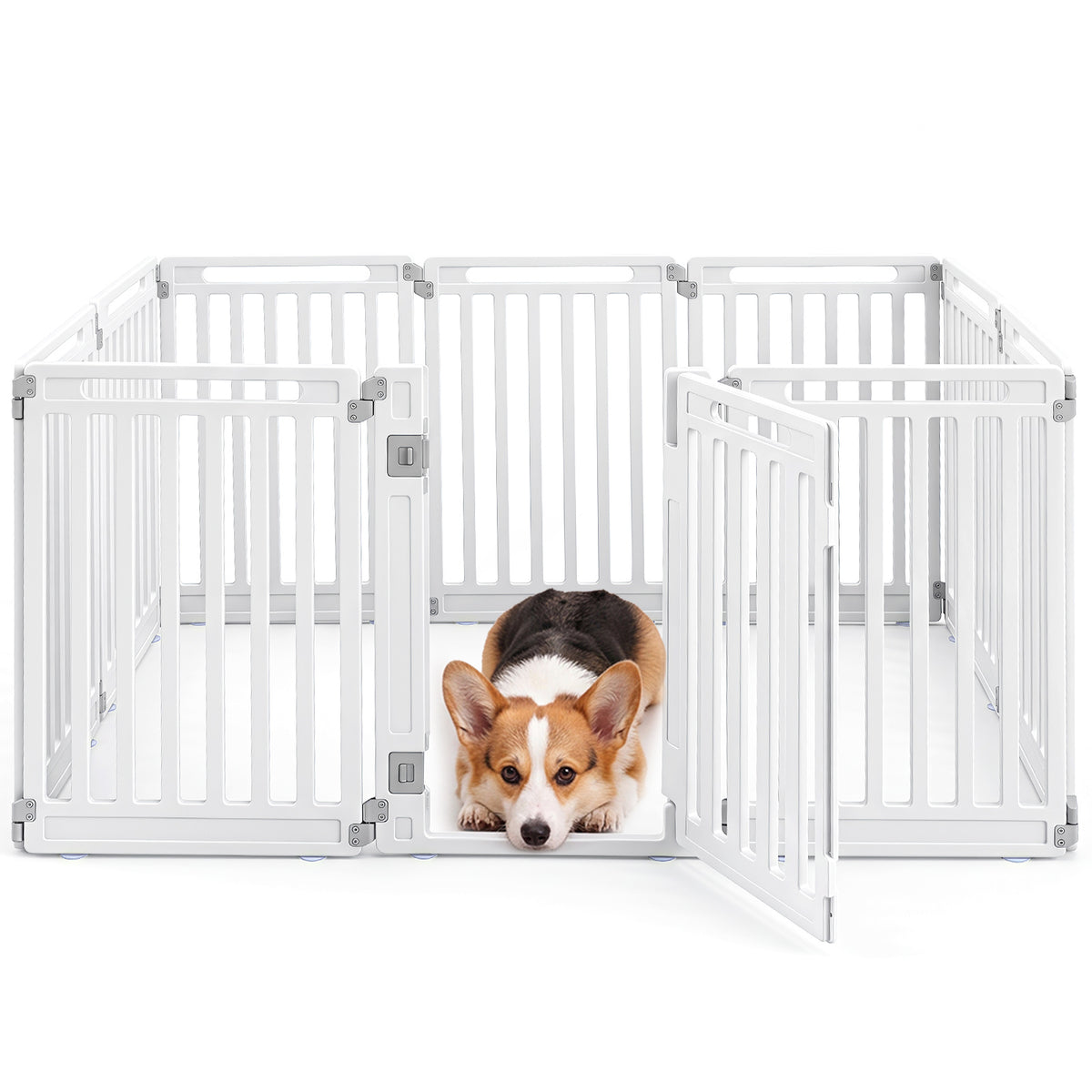 A dog lying down inside the plastic pet fence with the door open