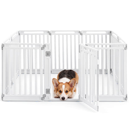 A dog lying down inside the plastic pet fence with the door open