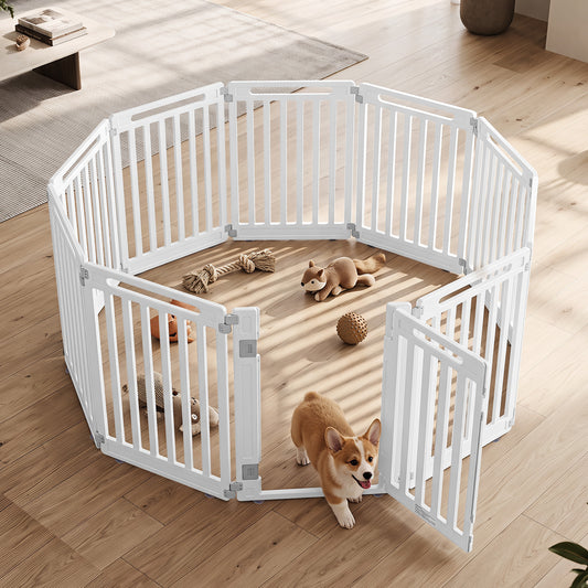 The plastic pet fence set up in a living room with toys inside