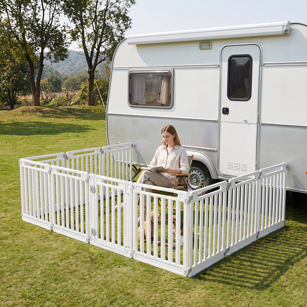 The plastic pet fence set up outdoors next to a caravan with a person sitting inside