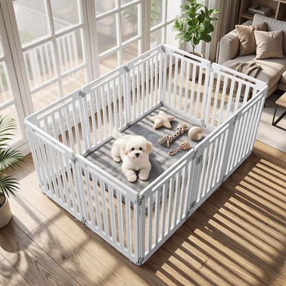 A white puppy playing inside the plastic pet fence on a grey mat