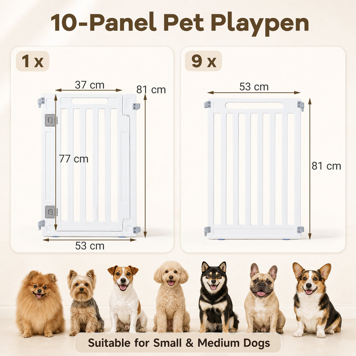 Diagram showing the dimensions of the 10-panel pet playpen and dogs