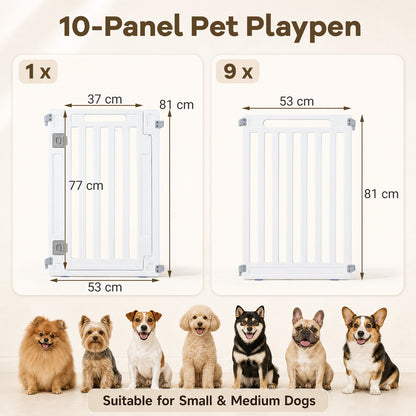 Diagram showing the dimensions of the 10-panel pet playpen and dogs