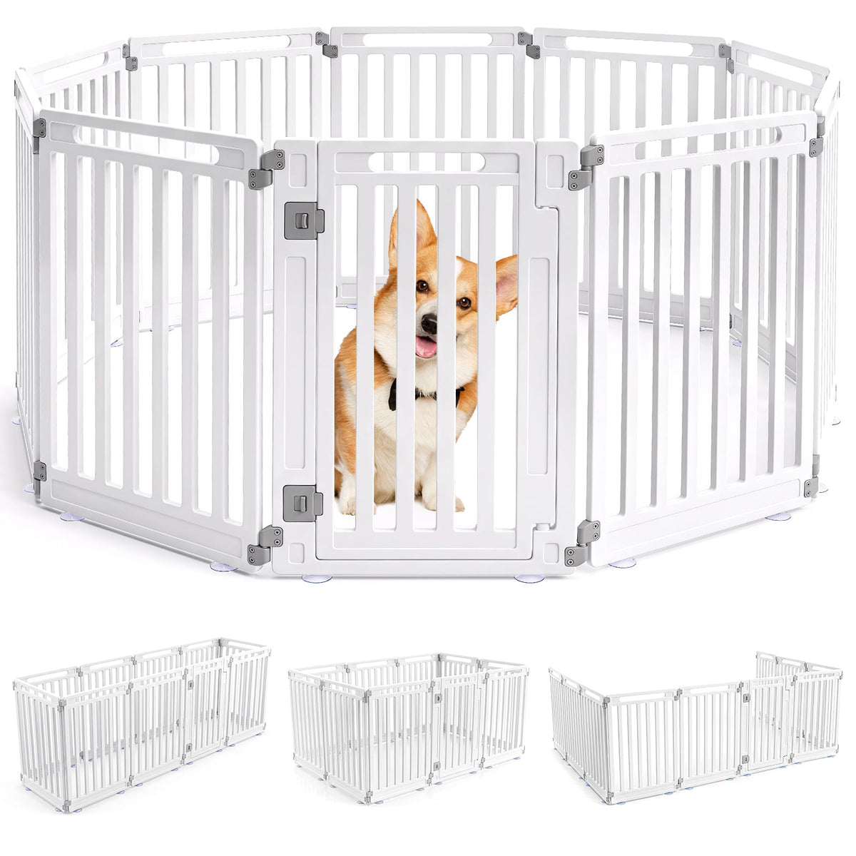 Plastic Pet Fence with a small dog looking through the door panel