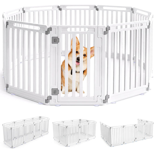Plastic Pet Fence with a small dog looking through the door panel