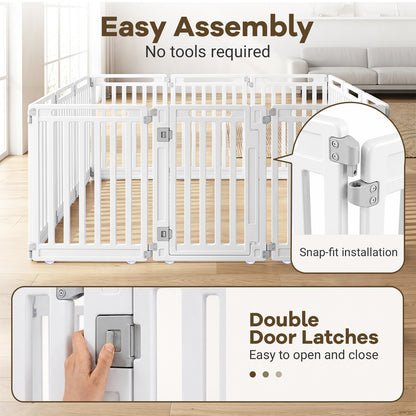 The pet gates showing close-ups of the snap-fit connectors and the door latch mechanism
