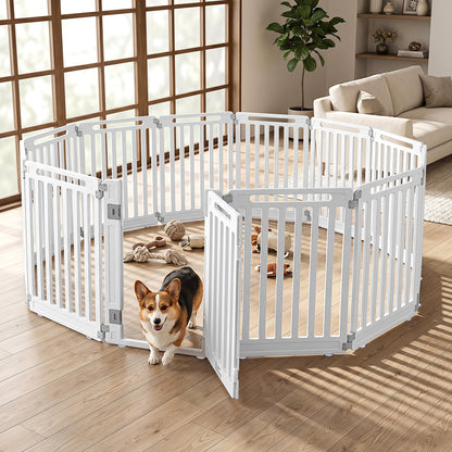 The pet gates set up in a hexagonal shape in a bright room with a dog walking through the door