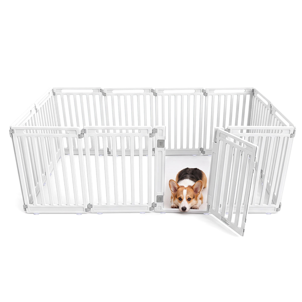 The pet gates configured in a rectangle with the door panel open and a dog lying inside