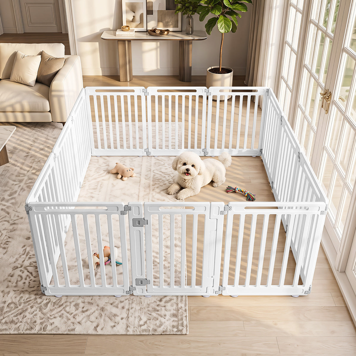 The pet gates arranged in a square shape on a living room rug with a small dog resting inside