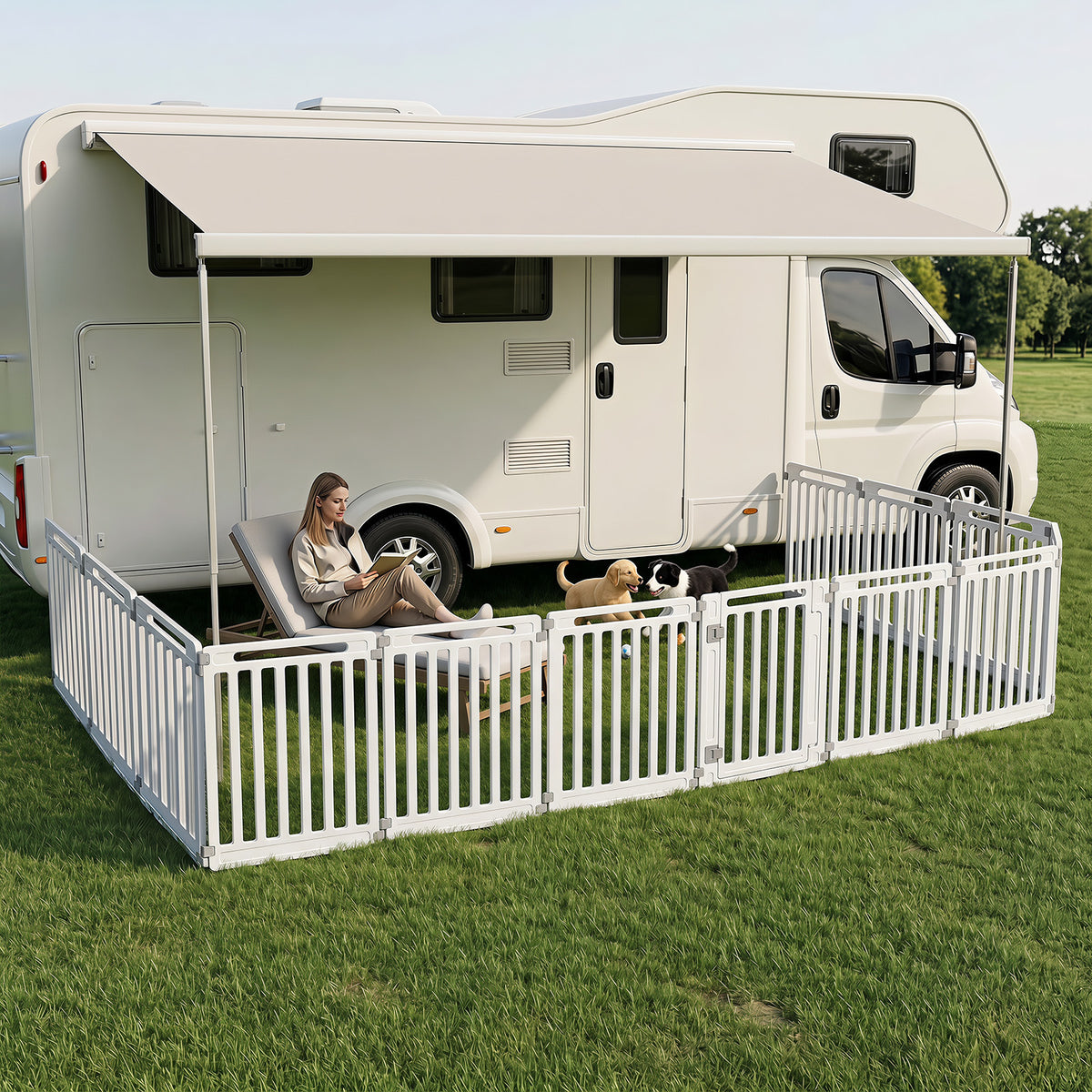The pet gates used as an outdoor enclosure on grass next to a motorhome with dogs playing