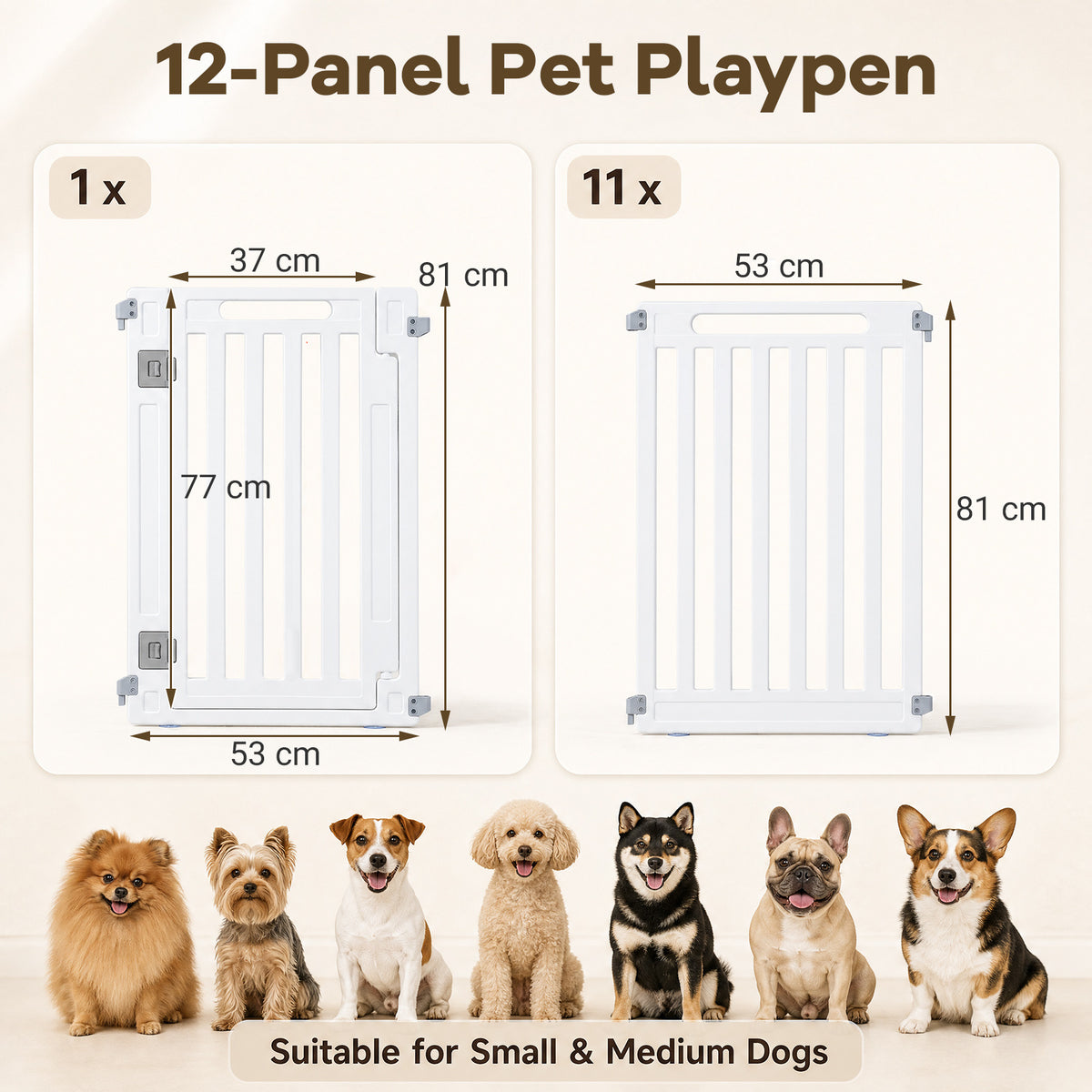 The pet gates showing dimensions for the door panel and standard panels with dog breeds