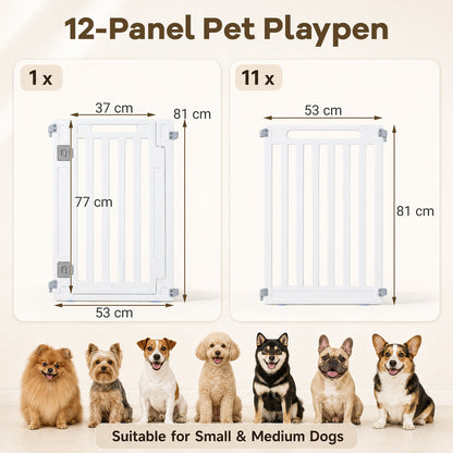 The pet gates showing dimensions for the door panel and standard panels with dog breeds