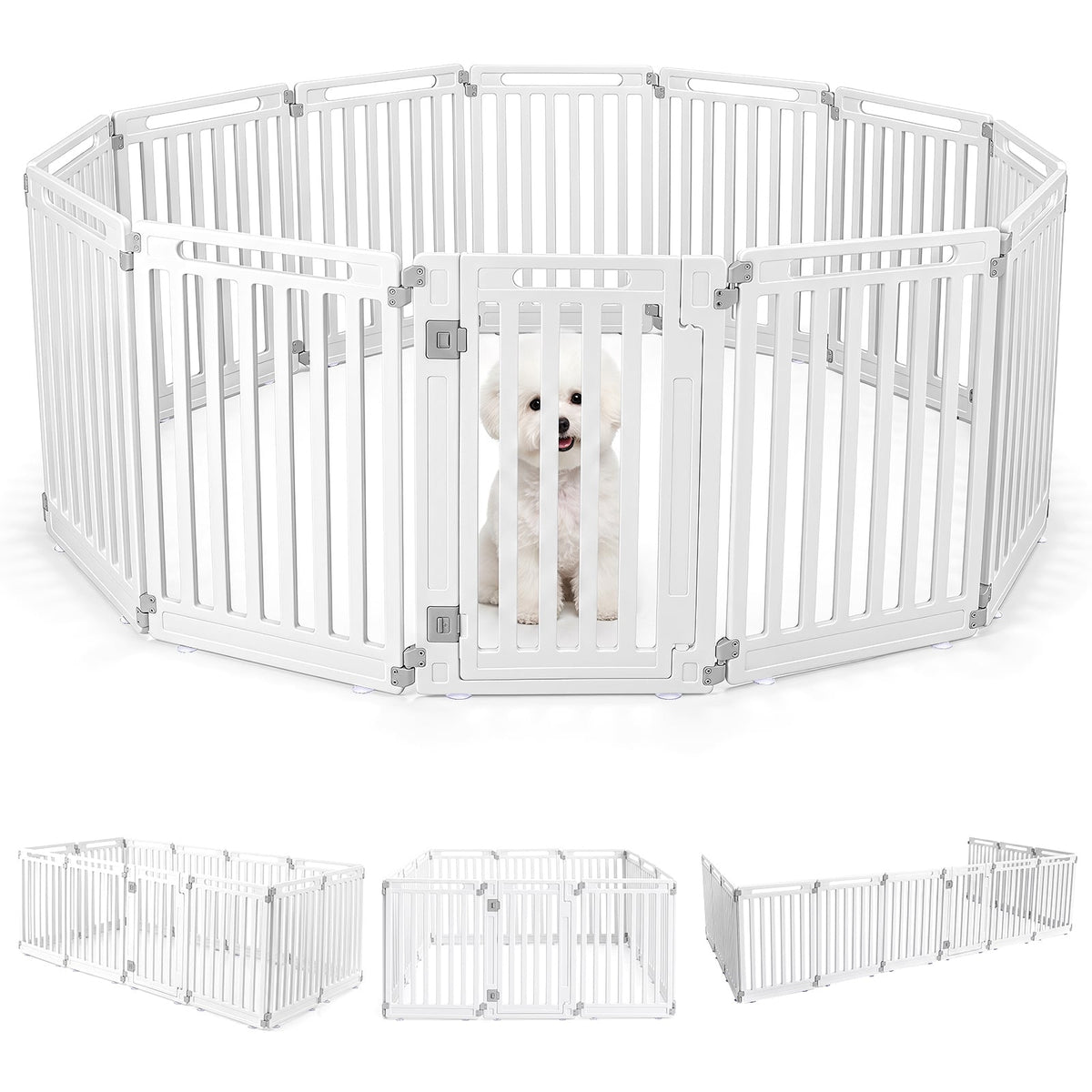 Plastic Pet Fence set up in a circle with a small dog inside and three smaller layout examples