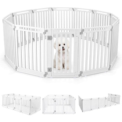 Plastic Pet Fence set up in a circle with a small dog inside and three smaller layout examples