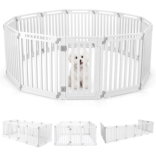 Plastic Pet Fence set up in a circle with a small dog inside and three smaller layout examples