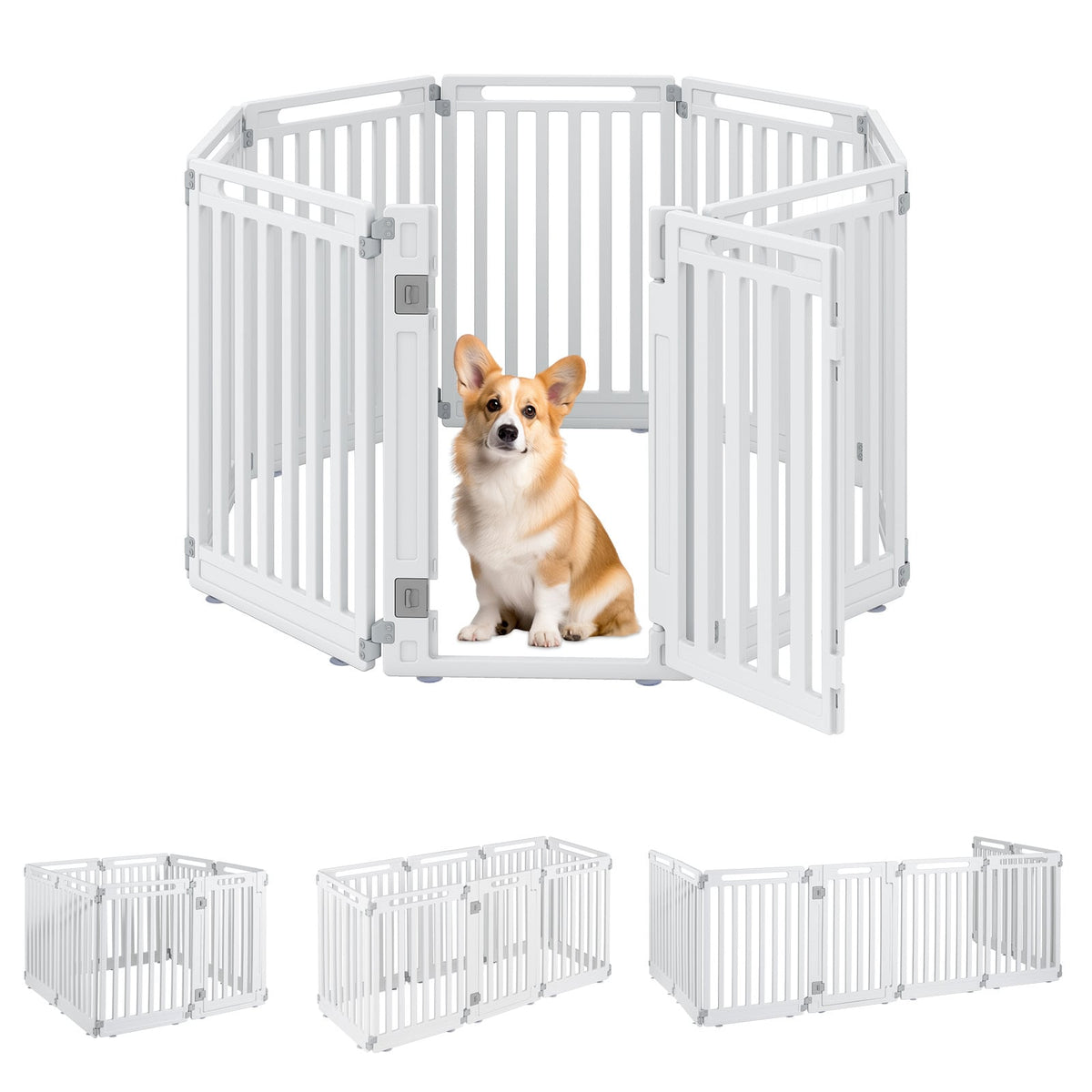 Various configurations of the white pet fence shown with small dogs