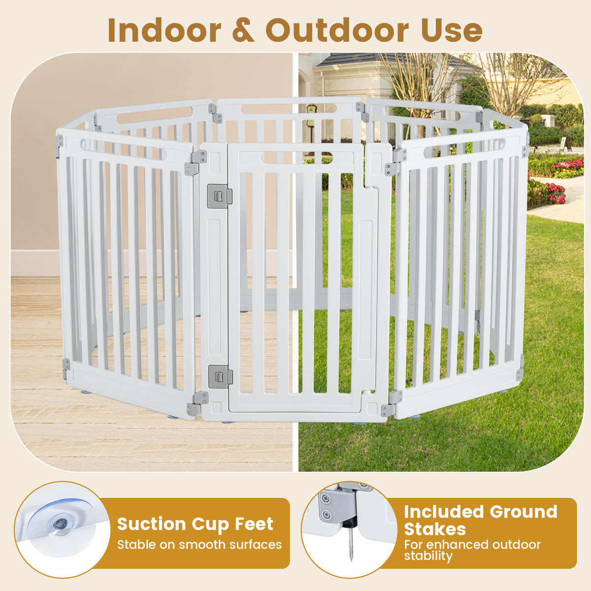 Plastic Pet Fence, the pet enclosure is shown for indoor and outdoor use with suction cups and ground stakes