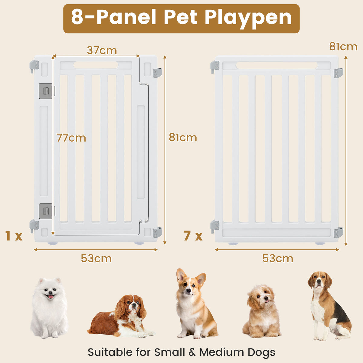 The 8-panel pet playpen shown with dimensions and suitable dog breeds