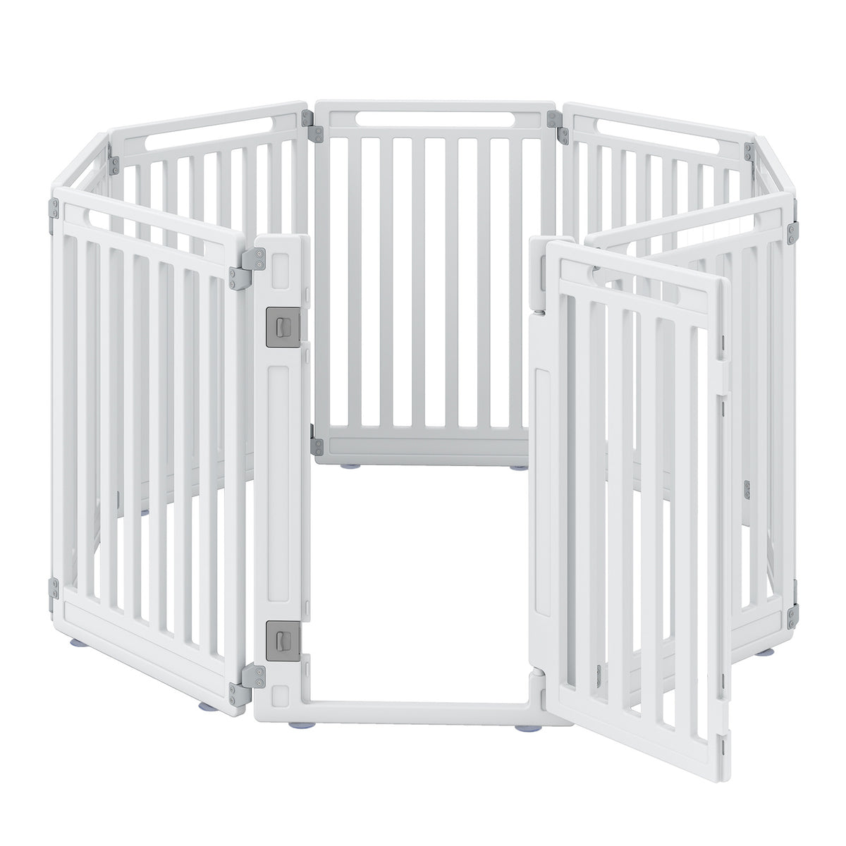 Plastic Pet Fence with 8 panels and a door lock, shown assembled in white