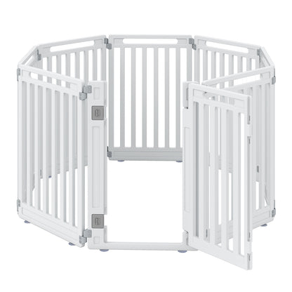 Plastic Pet Fence with 8 panels and a door lock, shown assembled in white