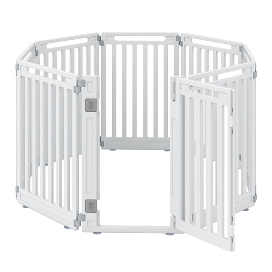 Plastic Pet Fence with 8 panels and a door lock, shown assembled in white