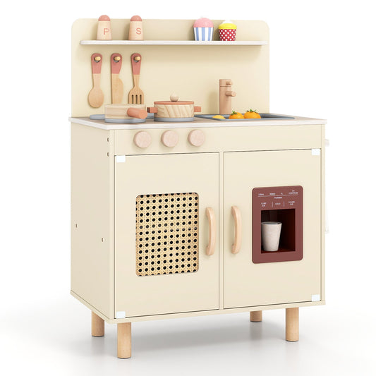 Play Kitchen for kids with a yellow finish, ice maker, stove, and wooden cooking accessories