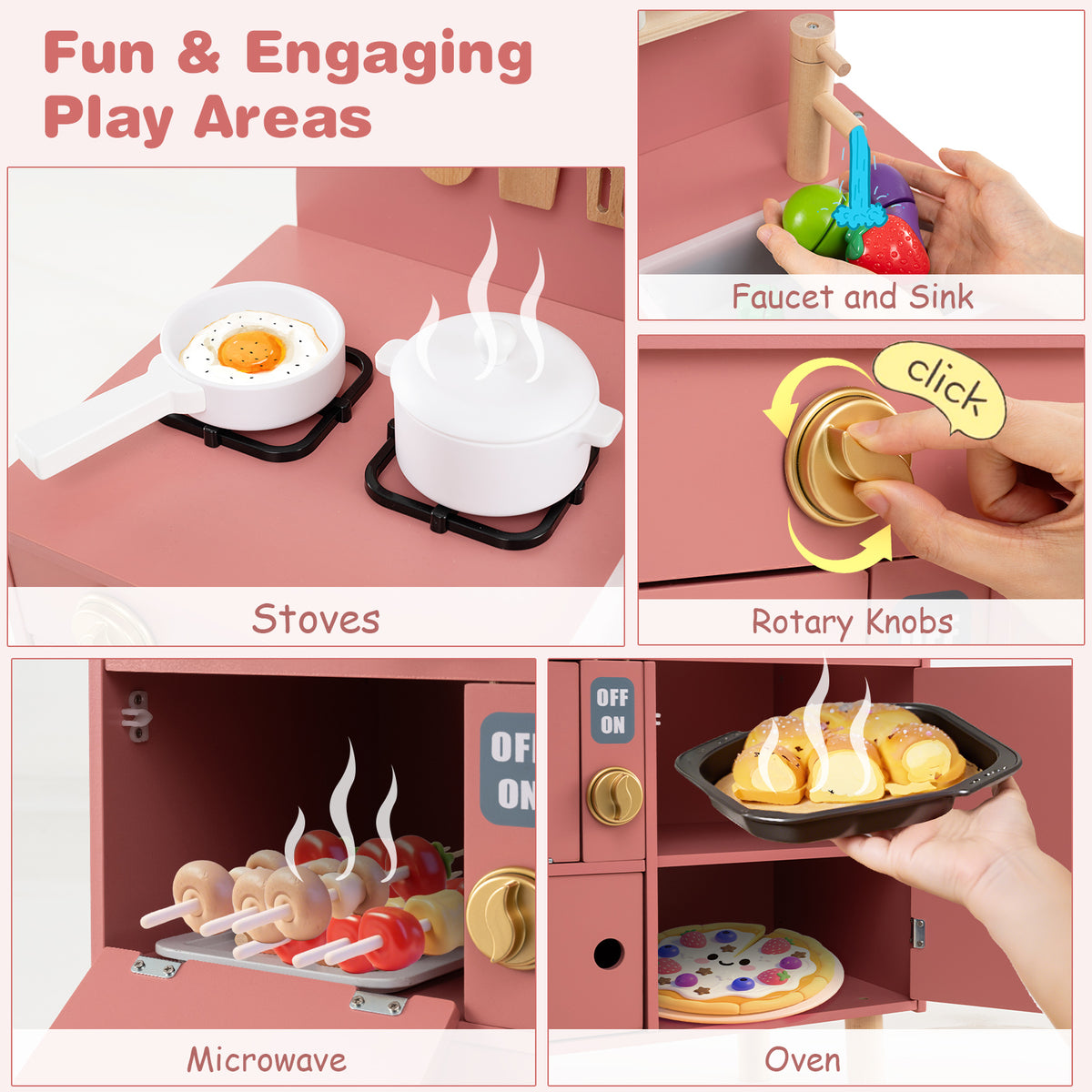 Close-ups of the play kitchen set's features including stoves, faucet, microwave and oven