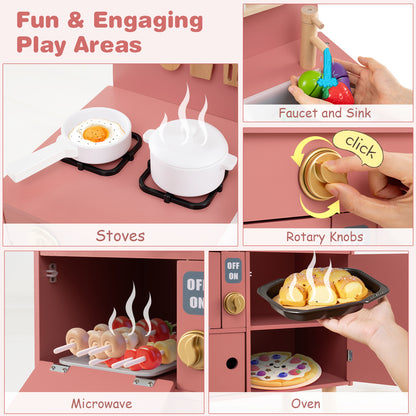 Close-ups of the play kitchen set's features including stoves, faucet, microwave and oven