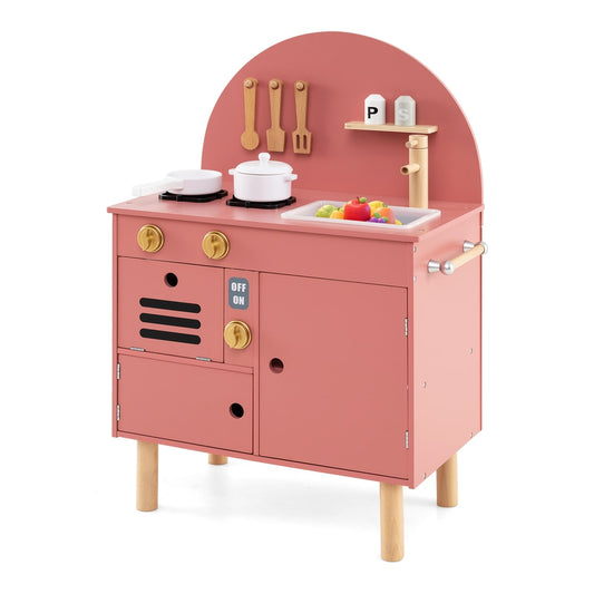 Play Kitchen for Kids Wooden Kitchen Playset with stoves and faucet in pink