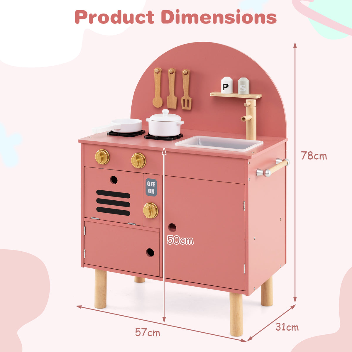 Product dimensions for the pink wooden play kitchen set