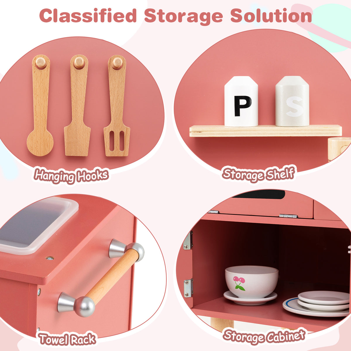 Storage solutions for the play kitchen set including hooks, shelf and cabinet