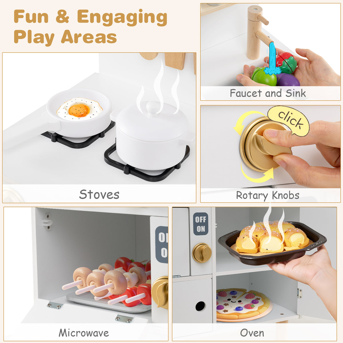 Close up views of the play kitchen's features including stoves, faucet, rotary knobs, microwave and oven