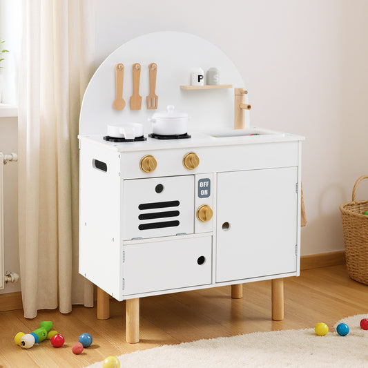 The wooden play kitchen set is shown in a child's room with toys scattered around