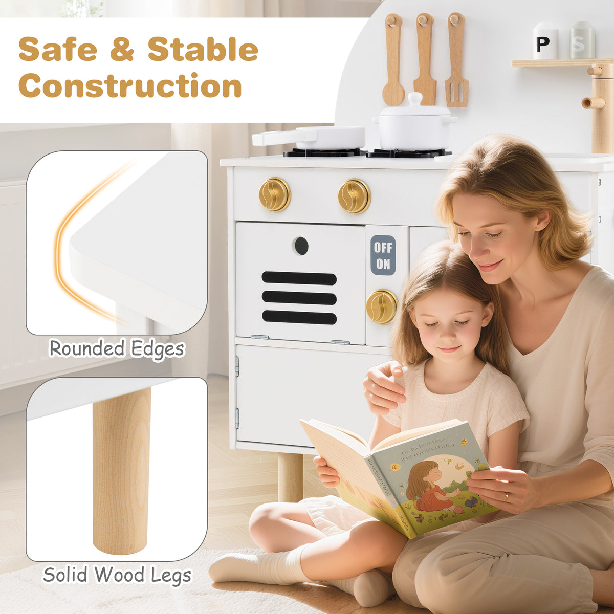 A mother and daughter read a book next to the safe and stable construction of the wooden play kitchen
