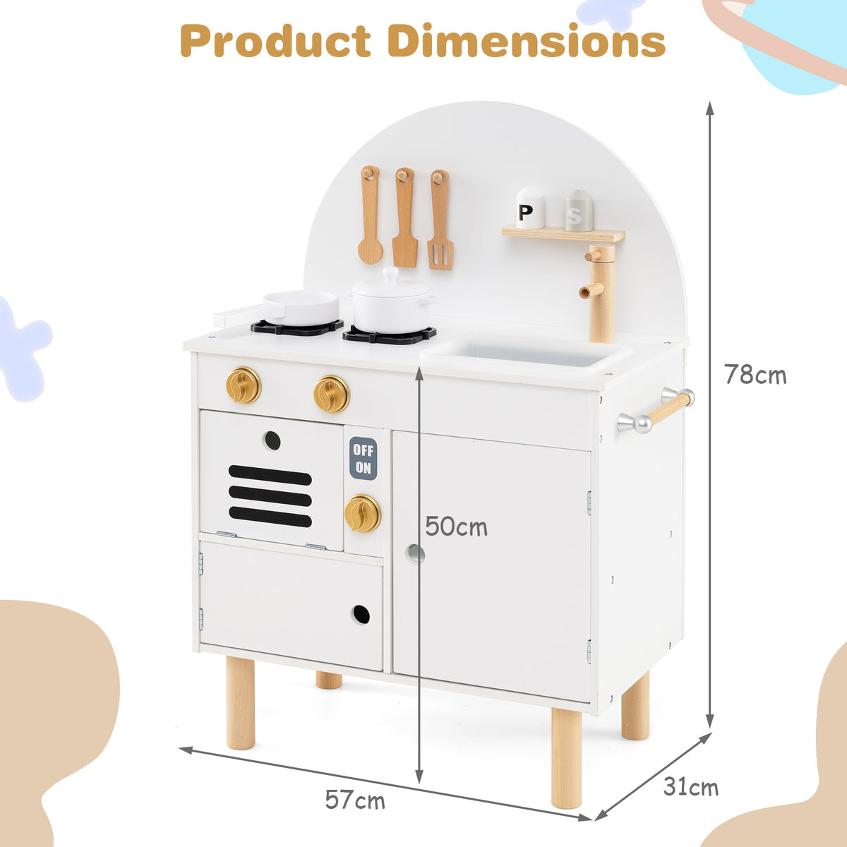 Product dimensions diagram for the white wooden play kitchen set