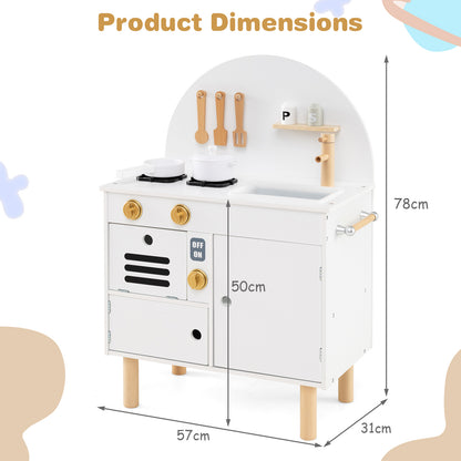 Product dimensions diagram for the white wooden play kitchen set