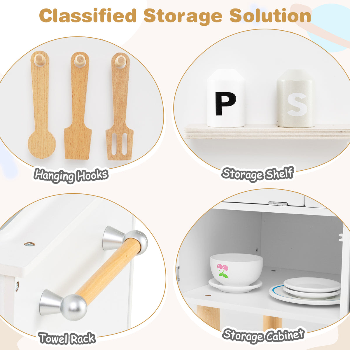 Details of the play kitchen's storage solutions including hooks, shelf, towel rack and cabinet