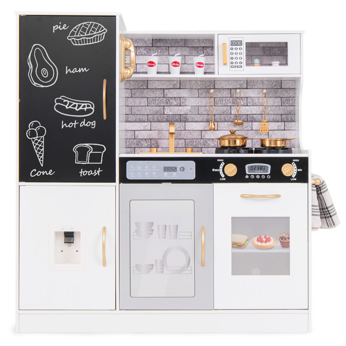 The play kitchen set showing the microwave, hob, sink, and chalkboard door details