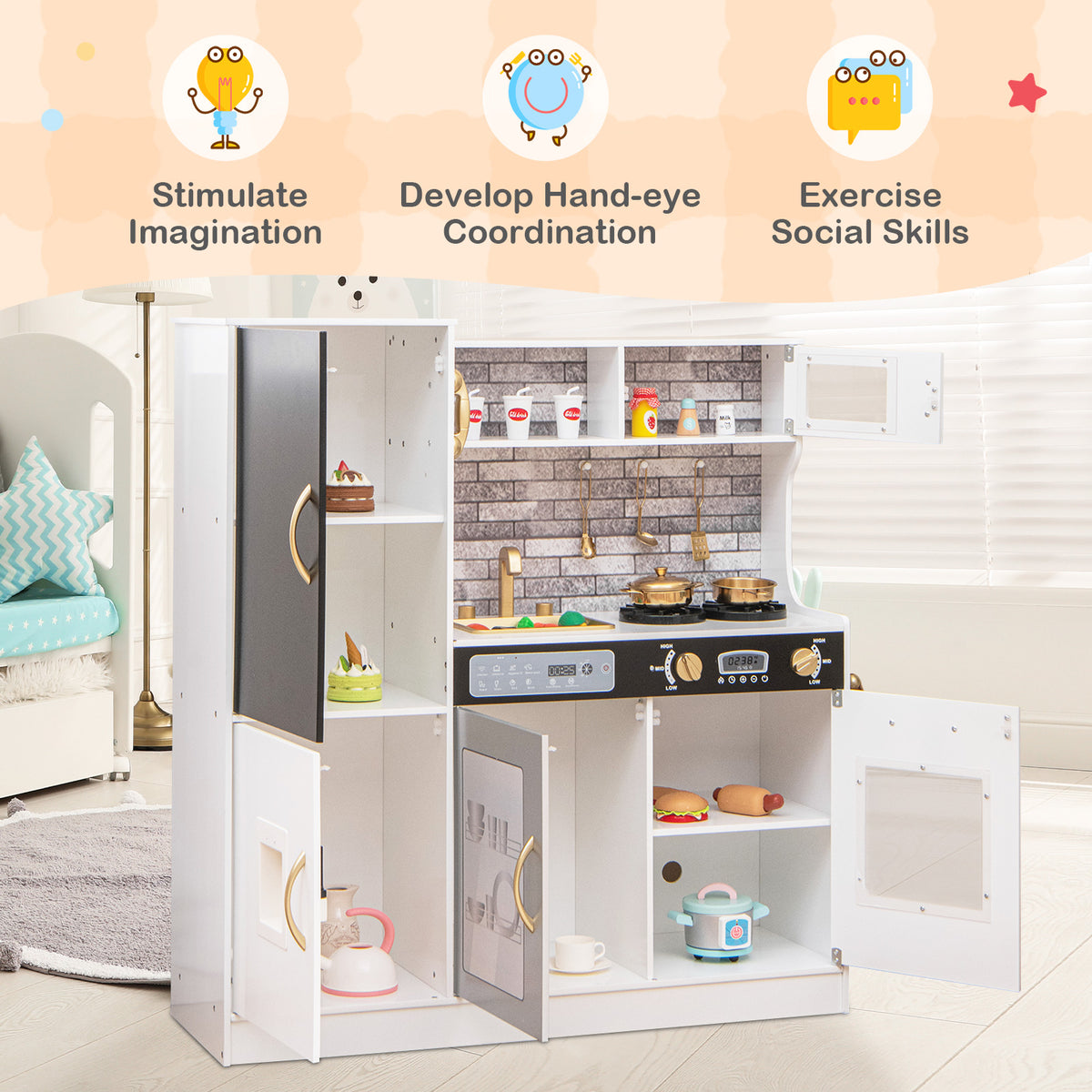 The play kitchen set with all doors and cupboards open to reveal internal storage space