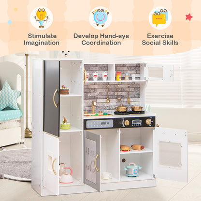 The play kitchen set with all doors and cupboards open to reveal internal storage space