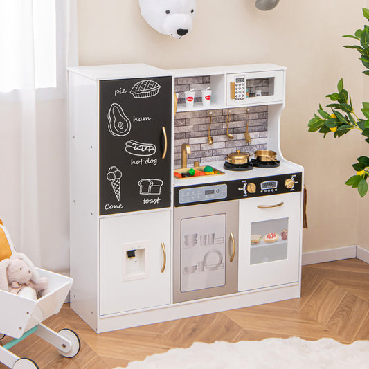 The play kitchen set placed in a child's bedroom next to a house plant and toy storage