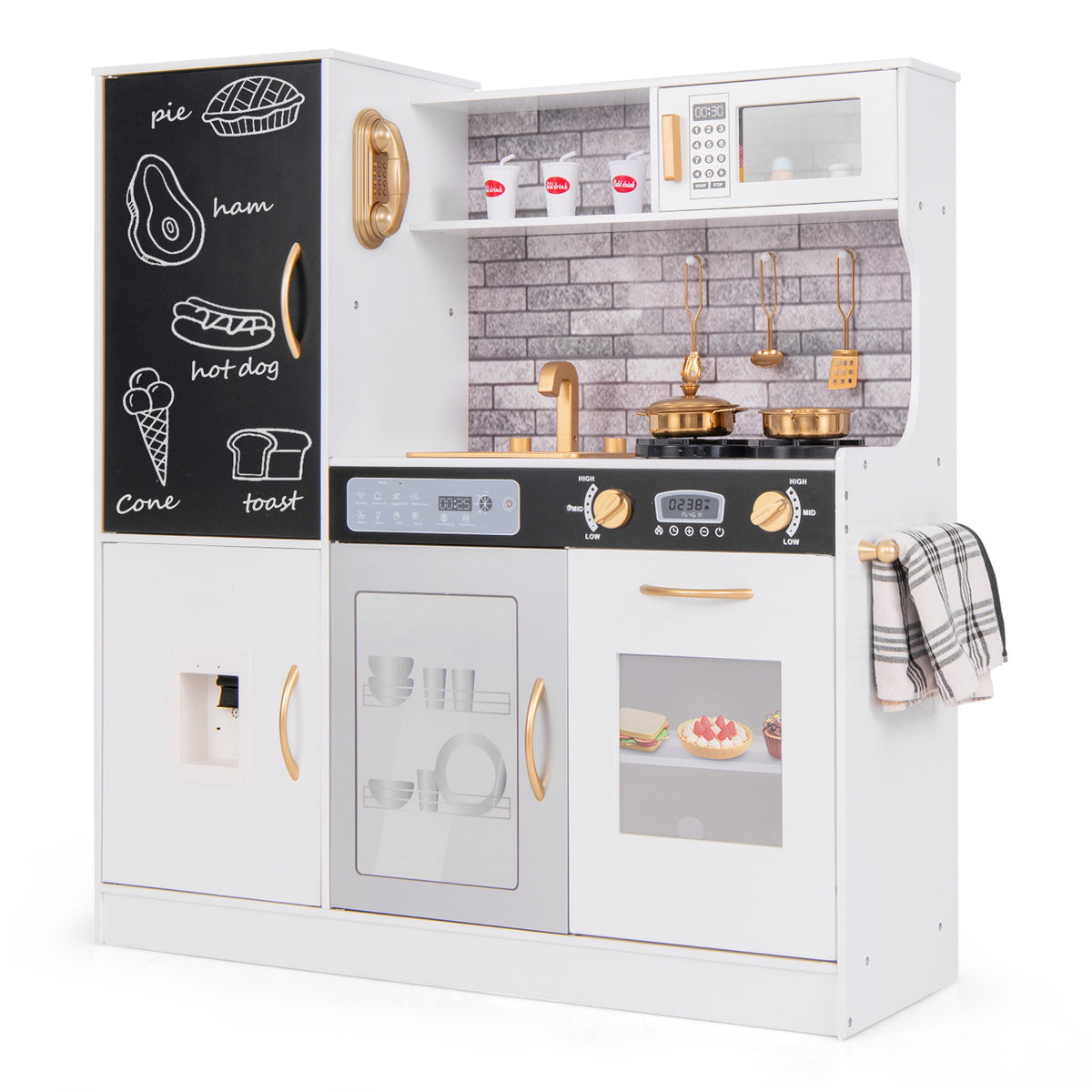 Play Kitchen Toy Set with chalkboard, gold handles, and brick-effect splashback on white background