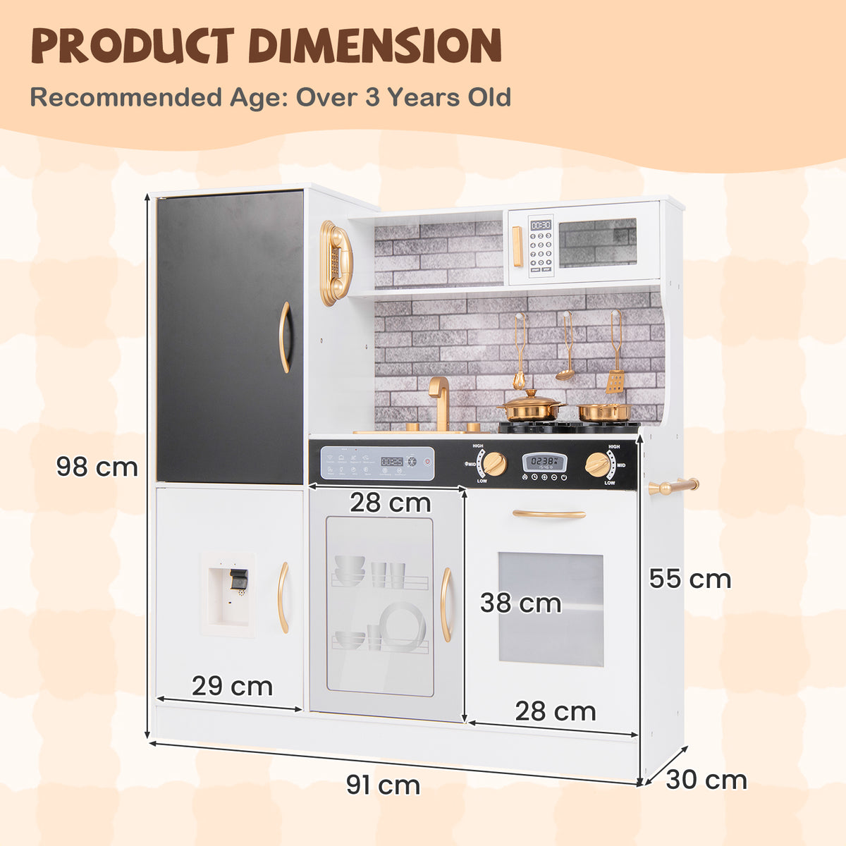 The play kitchen set with labels showing height, width, and depth measurements