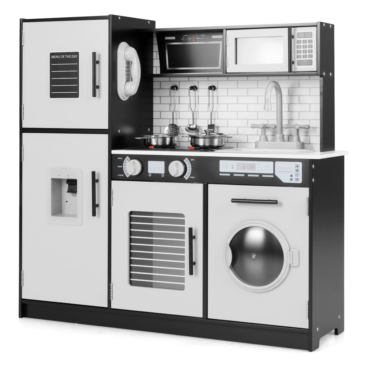Close up of the black and white play kitchen set with oven and washing machine