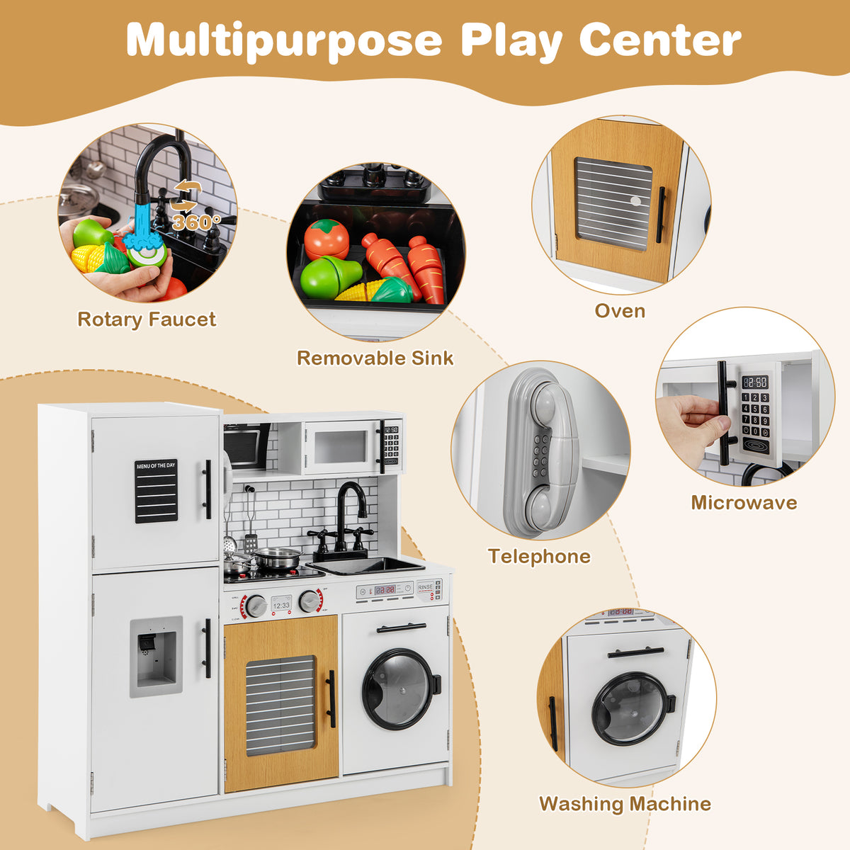 The play kitchen set with circular close-up details of the faucet, sink, oven, phone and microwave