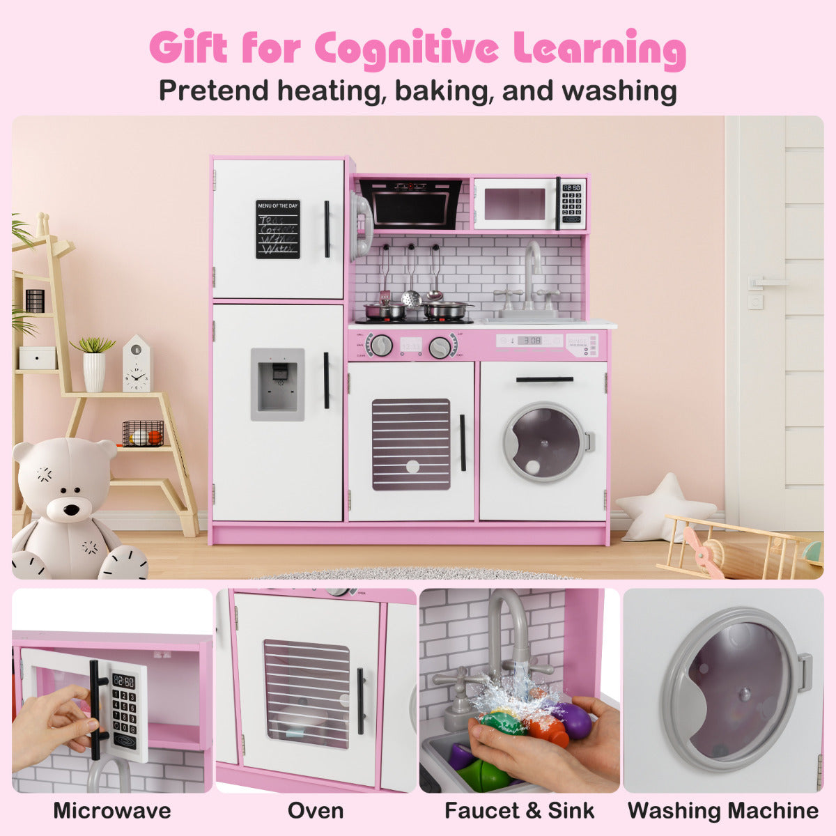 The play kitchen set with close-up insets of the microwave, oven, sink and washing machine