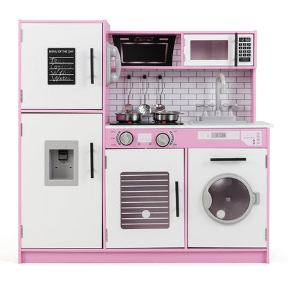 Play Kitchen Toy Set with a fridge, oven, washing machine, sink and stove in pink and white