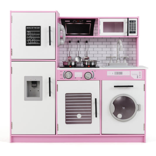 Play Kitchen Toy Set with a fridge, oven, washing machine, sink and stove in pink and white